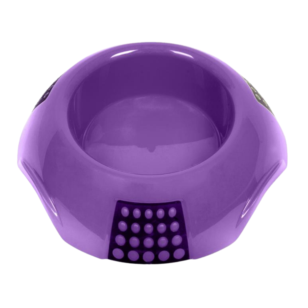 Purple pet bowl with a textured base on a white background