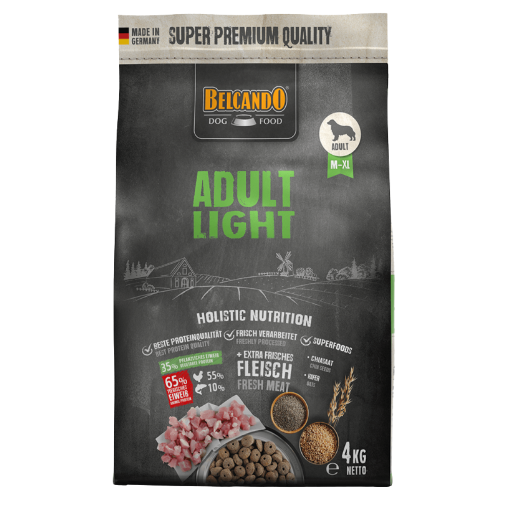Belcando Adult Light dog food packaging on a black background