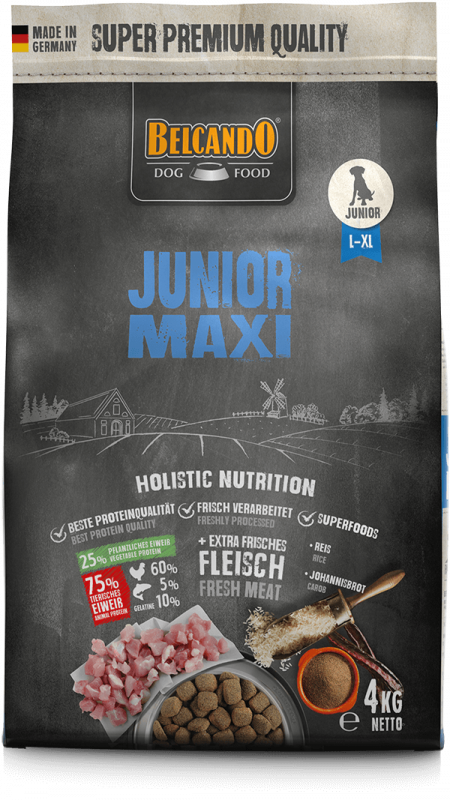 Belcando Junior Maxi dog food package on a white background