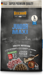 Belcando Junior Maxi dog food package on a black background