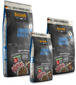 Three bags of Belcando Junior Maxi dog food on a white background