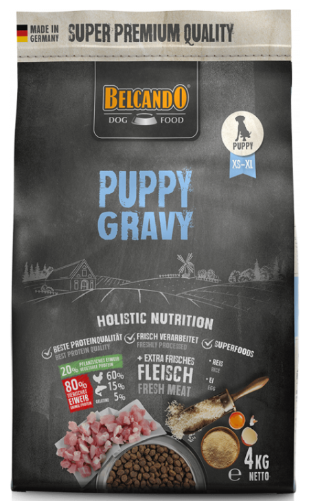 Belcando Puppy Gravy dog food package on a black background