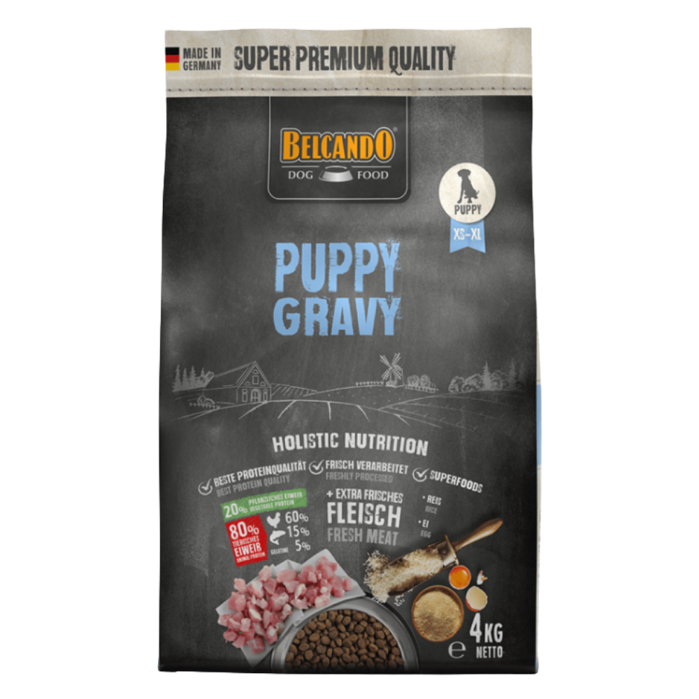 Belcando Puppy Gravy dog food package on a white background