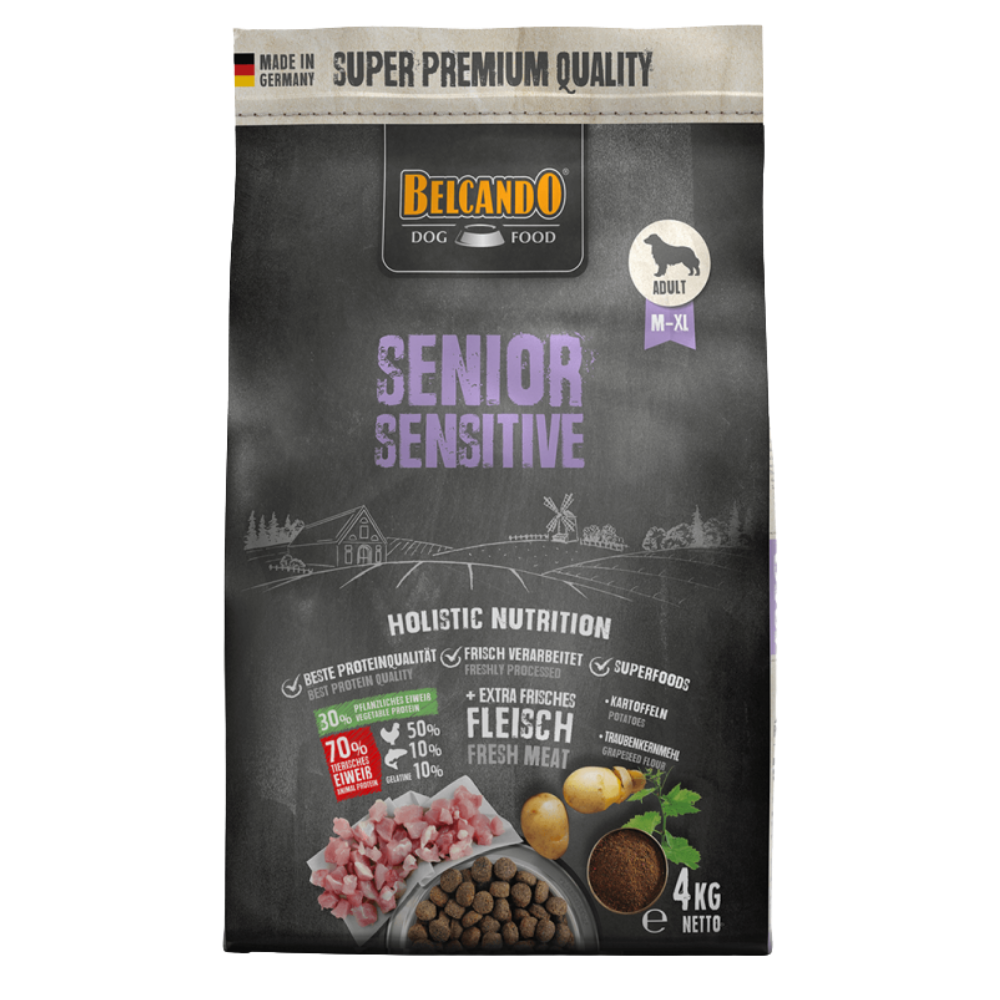 Belcando senior sensitive dog food package on a gray background