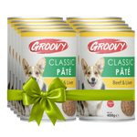 Groovy Classic Páté dog food tins with a green bow on a white background