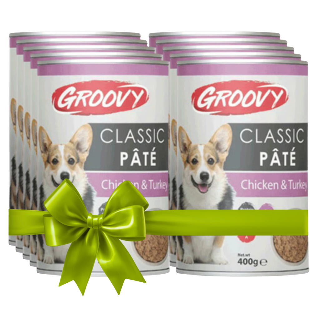 Groovy Classic Páté dog food cans with a green bow on a white background