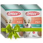 Groovy Classic Páté dog food tins with a green bow on a white background