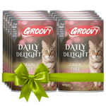Groovy Daily Delight grain-free cat food cans with a green bow on a white background