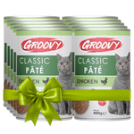 Groovy Classic Páté chicken cat food tins with a green bow on a white background