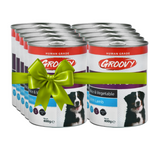 Multiple cans of Groovy dog food with a green bow on a white background