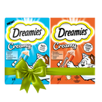 Two packages of Dreamies Creamy cat treats with a green bow on a white background