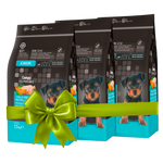 Three packages of dog food with a green bow on a white background