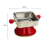 Small metal pan with red base and handles, shown with dimensions on a white background