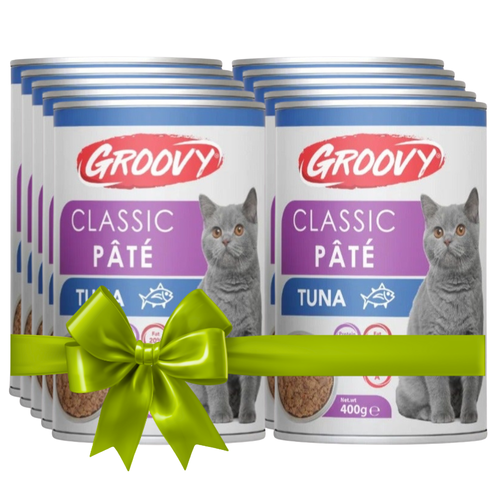 Groovy Classic Páté tuna cat food tins with a green bow on a white background