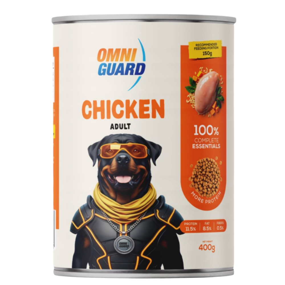 Can of Omni Guard Chicken Adult dog food on a white background