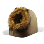 Pet bed with brown fur top and beige base on a white background