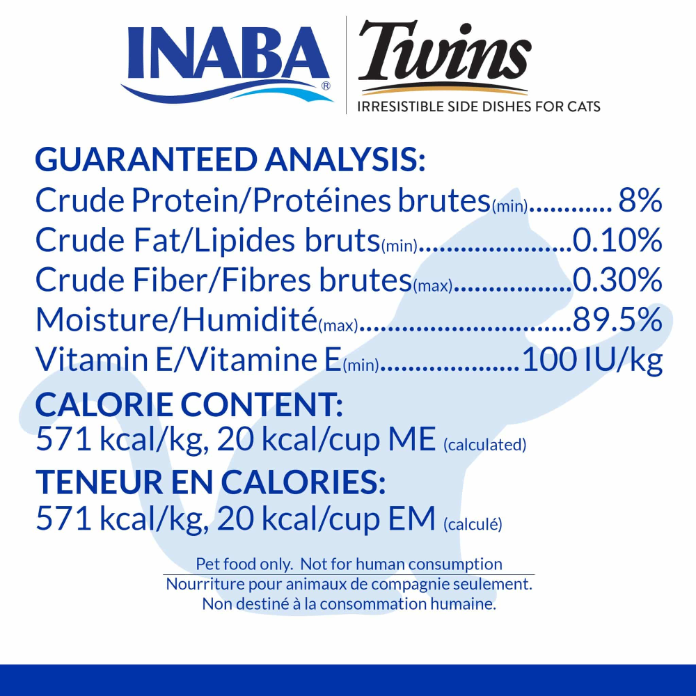 INABA Twins cat food label with guaranteed analysis and calorie content on a white background