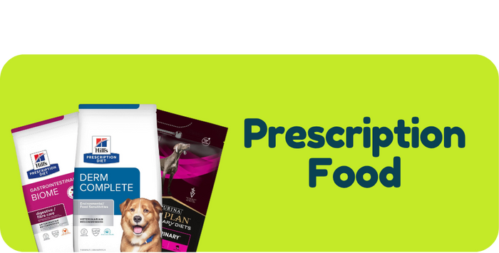 Dog food packages with a green banner labeled 'Prescription Food' on a white background