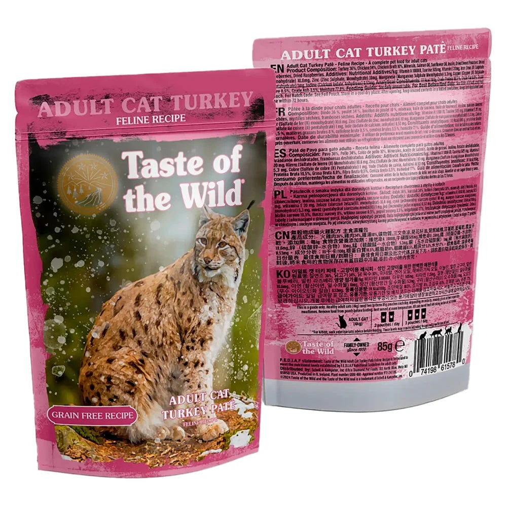 Taste of the Wild adult cat turkey pate packaging with a lynx illustration on a pink background.