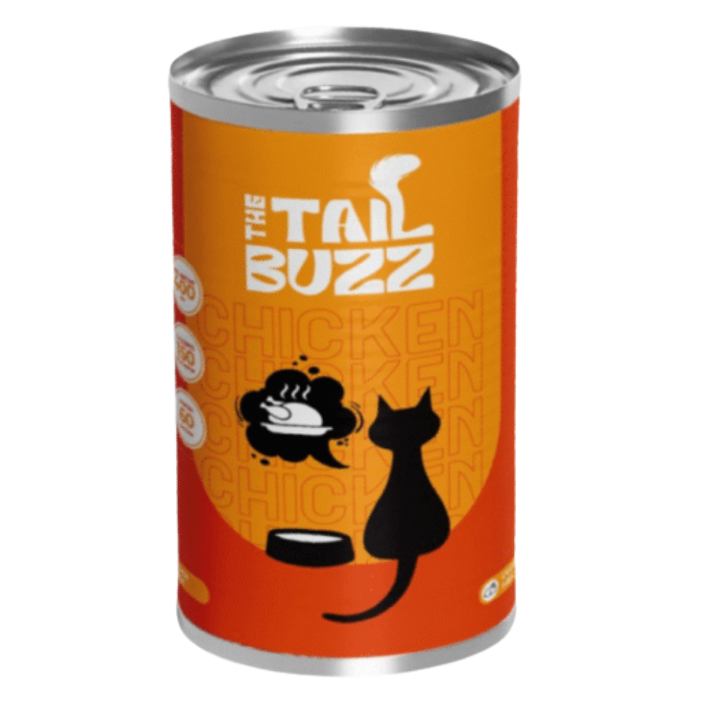 Can of 'The Tail Buzz' chicken cat food on an orange background