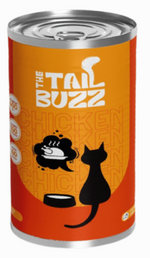 Can of 'The Tail Buzz' chicken cat food on an orange background