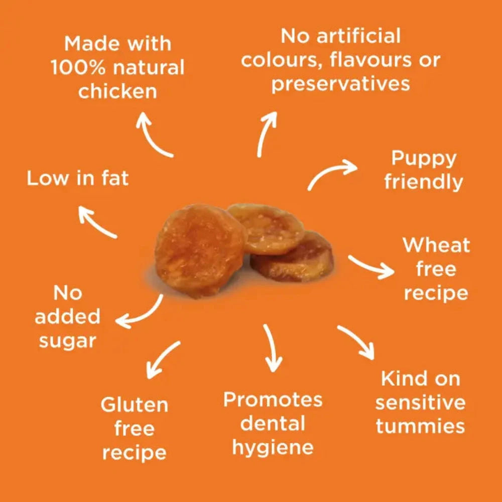 Dog treats on an orange background with health benefits text