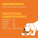 Dog food label with ingredients and nutritional information on an orange background