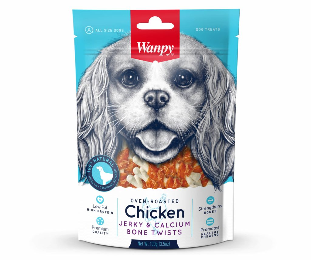 Wanpy dog treat package with a chicken jerky and calcium bone twist on a white background
