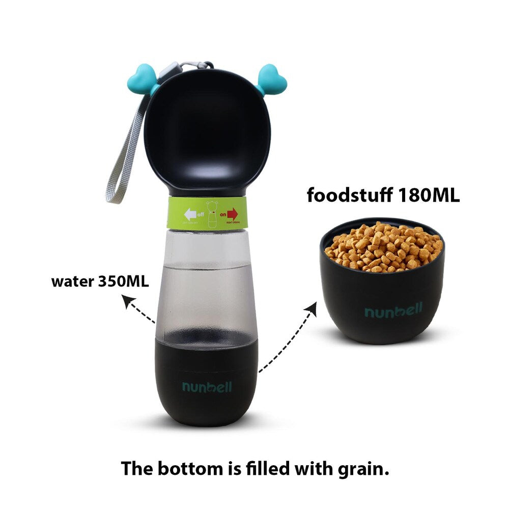 Pet water and food dispenser with measurement details on a white background