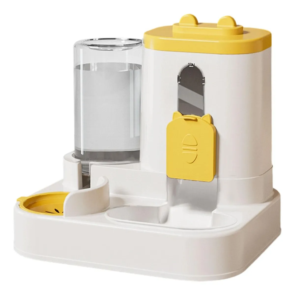 Pet water and food dispenser with yellow accents on a white background