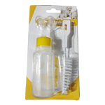 Pet bottle and brush set in packaging with yellow border