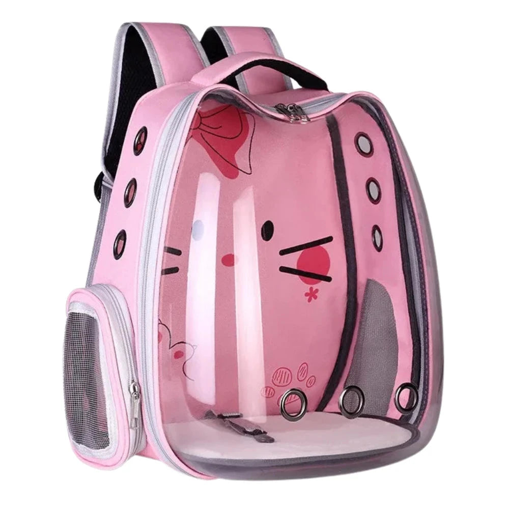 Pink pet carrier backpack with cartoon design on a white background
