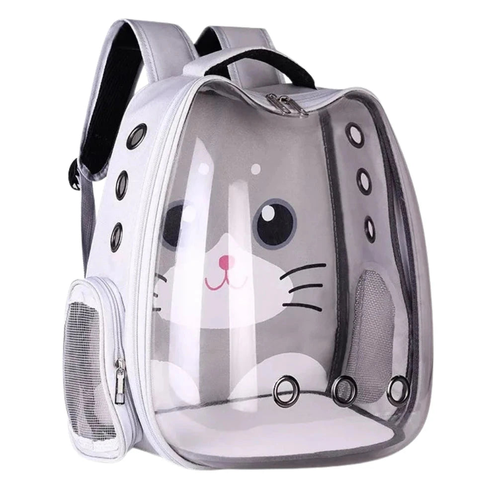 Clear pet carrier with cartoon cat design on a white background