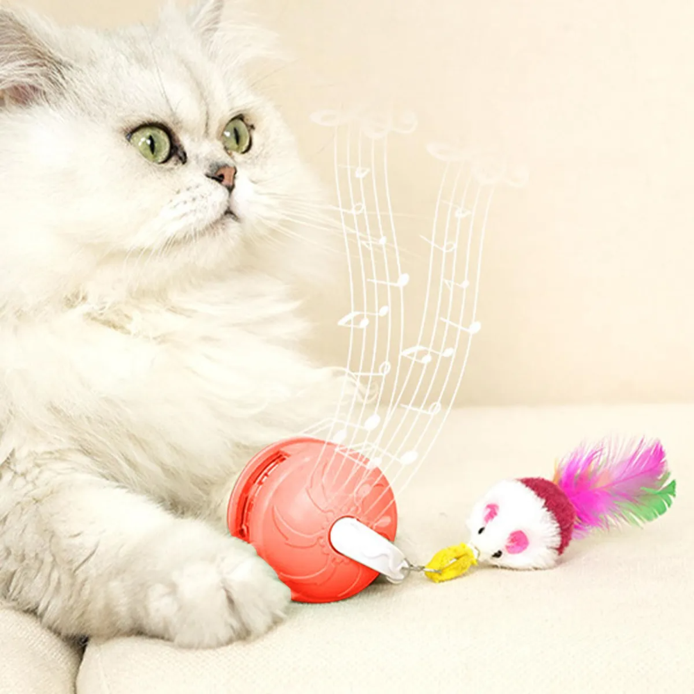 White cat playing with a red toy and feathered mouse on a beige background
