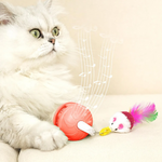 White cat playing with a red toy and feathered mouse on a beige background