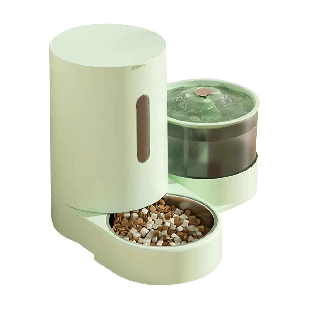 Green pet feeder and water dispenser with food and water inside on a white background