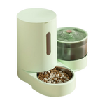 Green pet feeder and water dispenser with food and water inside on a white background