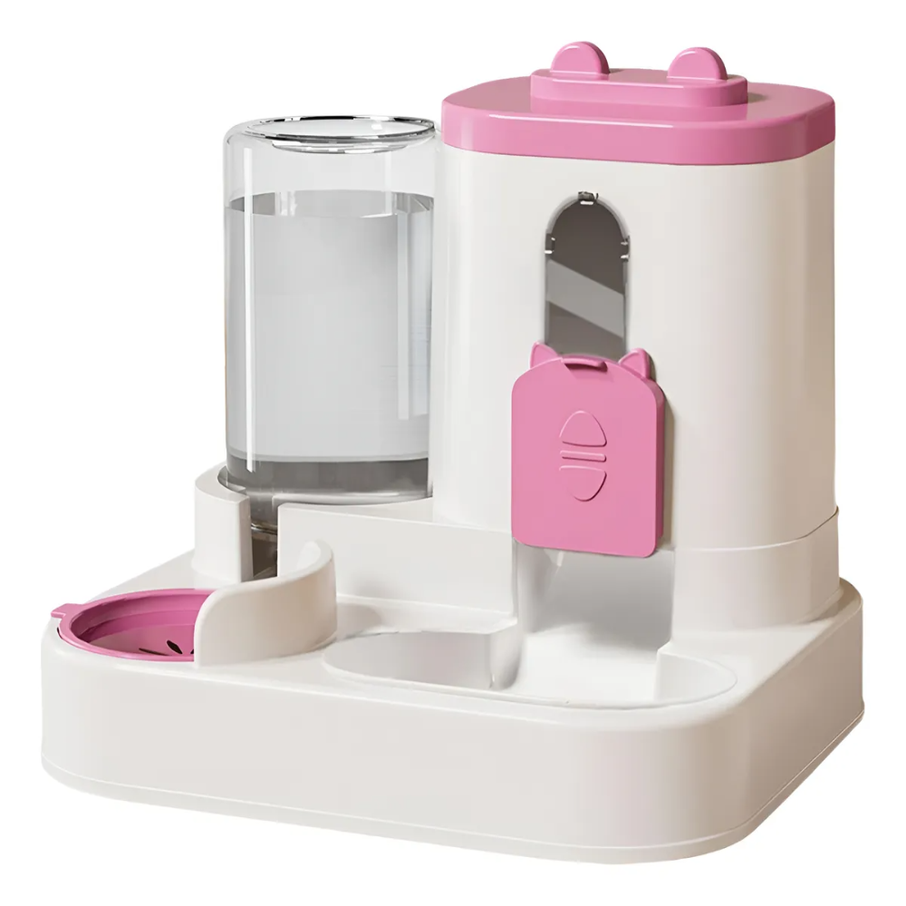 Pet feeder and water dispenser with pink accents on a white background