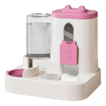 Pet feeder and water dispenser with pink accents on a white background