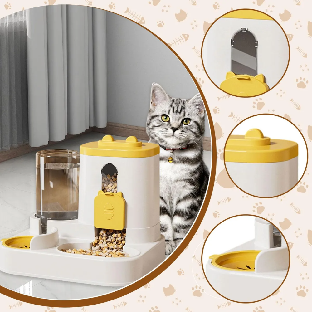 Cat sitting next to a yellow and white pet feeder with close-up insets on a paw print patterned background.