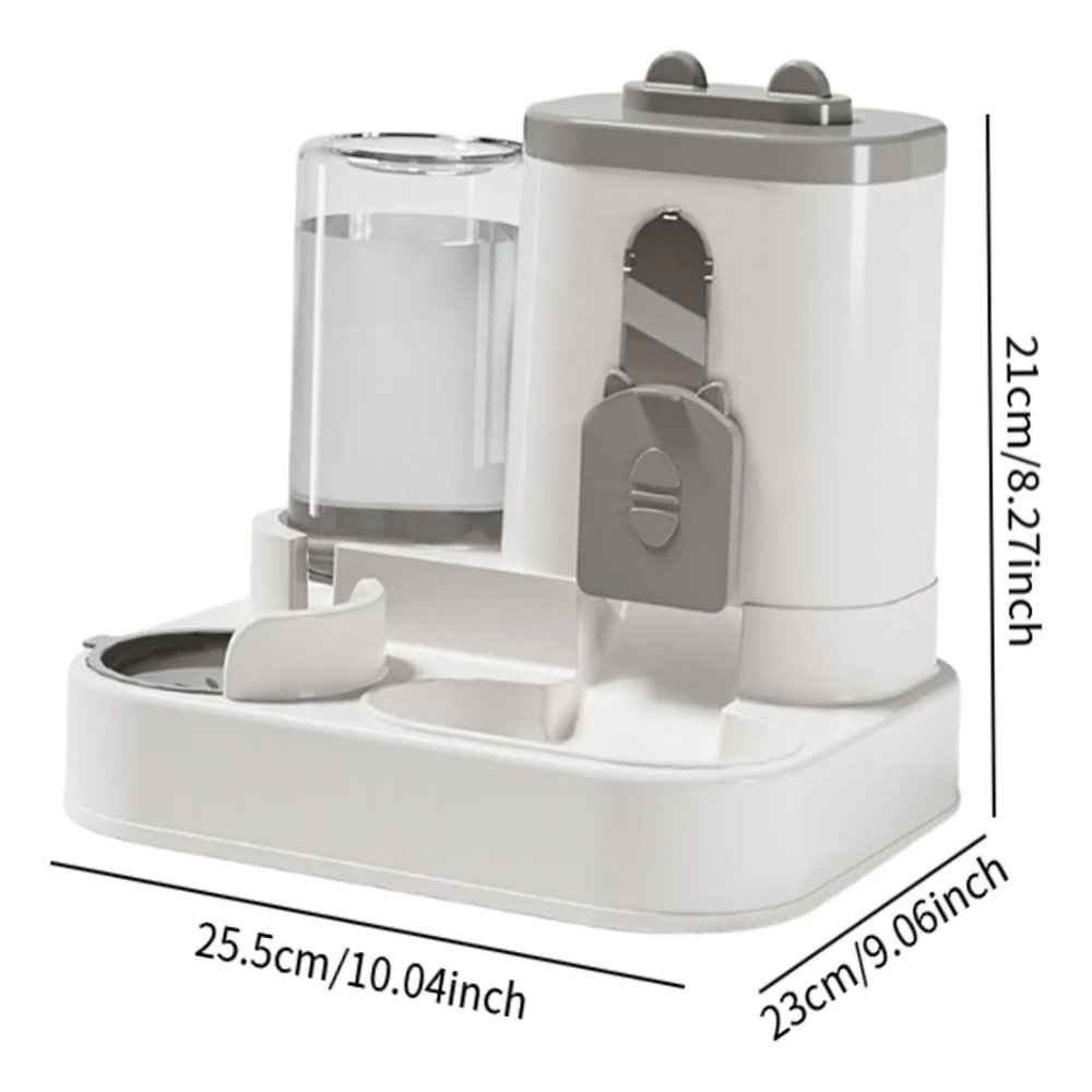 White and gray pet feeder with water dispenser, dimensions indicated on a white background
