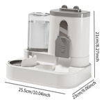 White and gray pet feeder with water dispenser, dimensions indicated on a white background