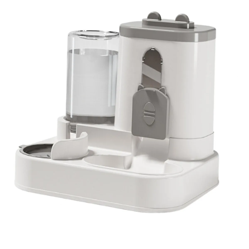 White and gray pet feeder with water dispenser on a white background