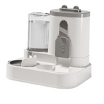 White and gray pet feeder with water dispenser on a white background