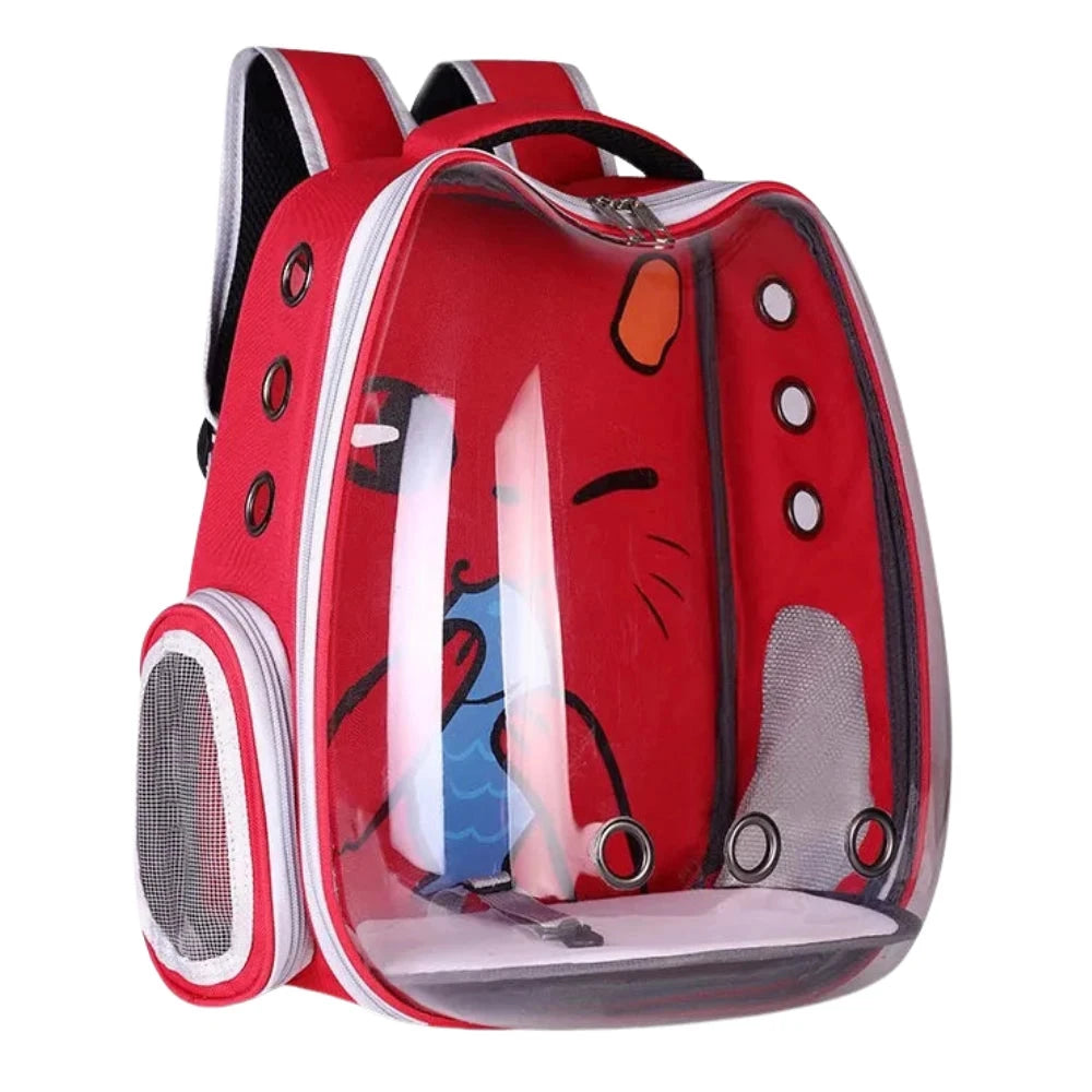 Red backpack with cartoon design on a white background