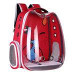 Red backpack with cartoon design on a white background
