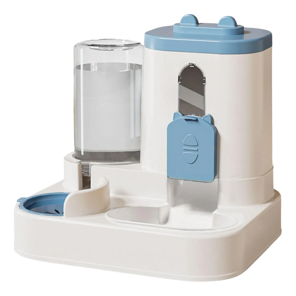 Pet water and food dispenser with blue accents on a white background