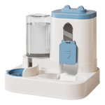 Pet water and food dispenser with blue accents on a white background