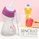 Purple and white sippy cup with cleaning brush and cleaning products on a pink background