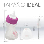 Measurement chart of a bottle with a purple cap and a small container, labeled 'Tamaño Ideal' on a white background.